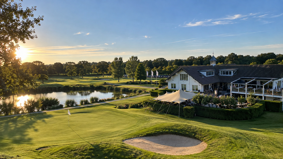 Green met bunker bij het clubhuis van De Hoge Dijk bij zonsondergang